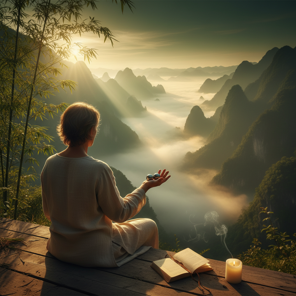 Meditator at sunrise overlooking misty mountains with Baoding balls