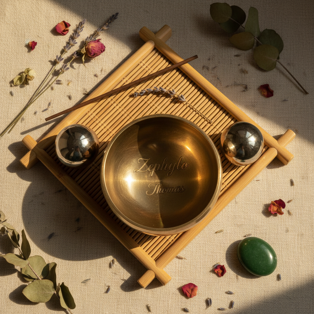 Zephylo meditation bell gift set flat lay with Baoding balls engraved Thomas