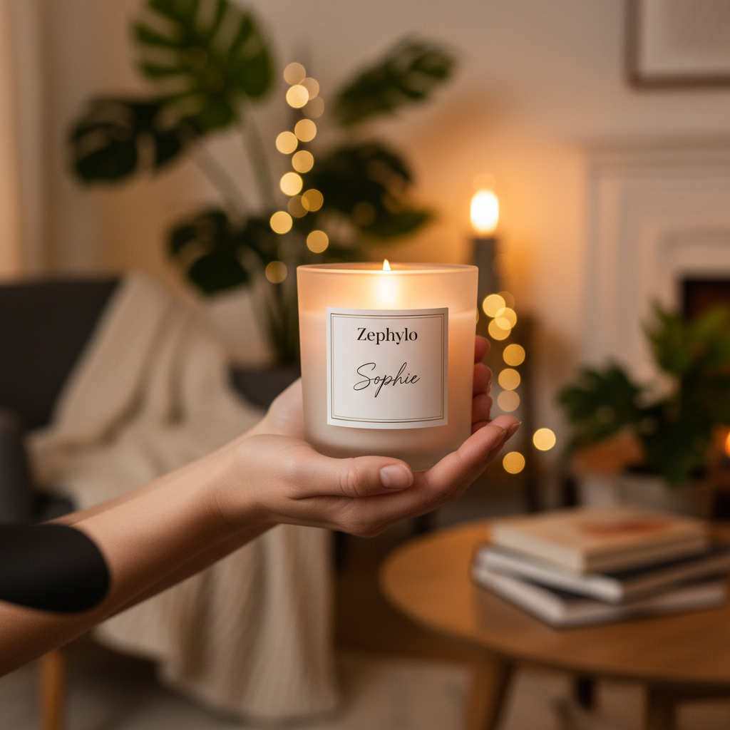 Woman holding personalised Zephylo candle with Sophie label