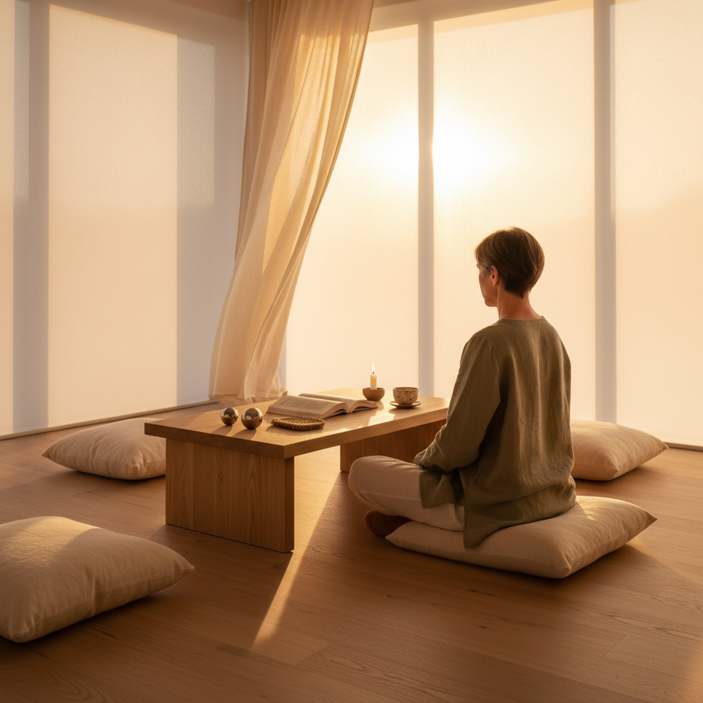 Minimalist meditation room at sunrise