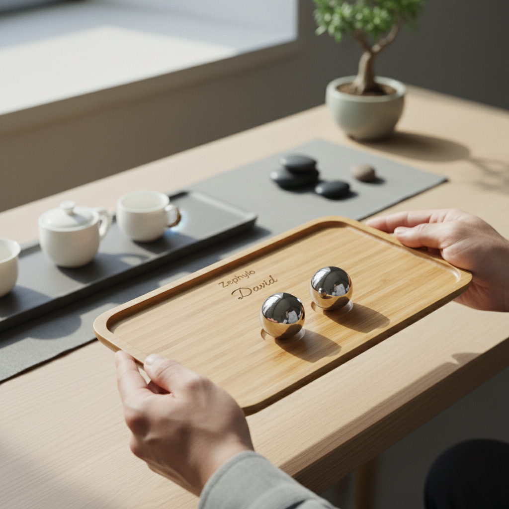 Man holding personalised Zephylo bamboo tray engraved with David