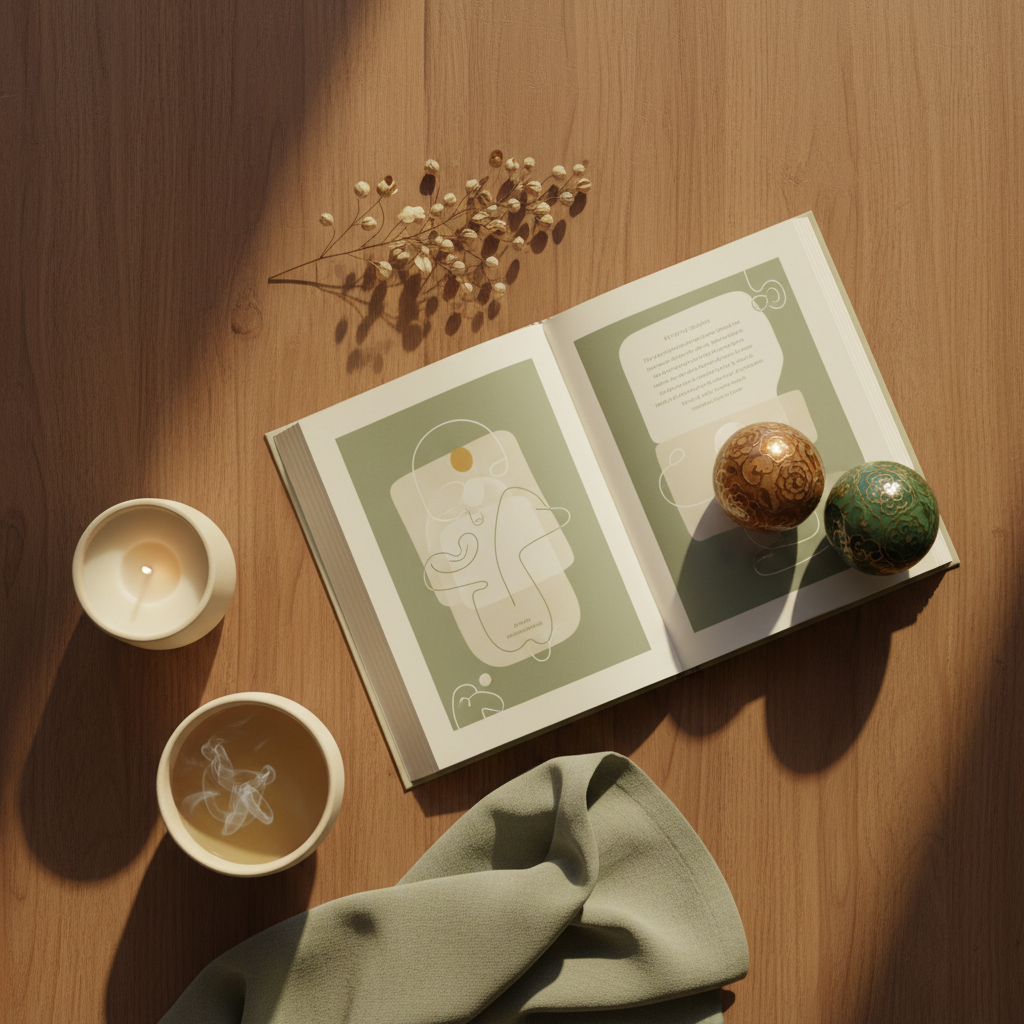 Morning ritual flat lay with Baoding balls and open book