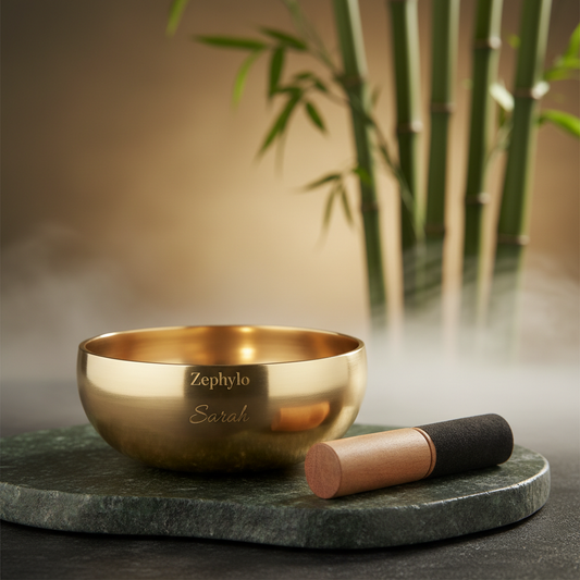 Zephylo brass meditation singing bowl engraved with Zephylo brand and name Sarah