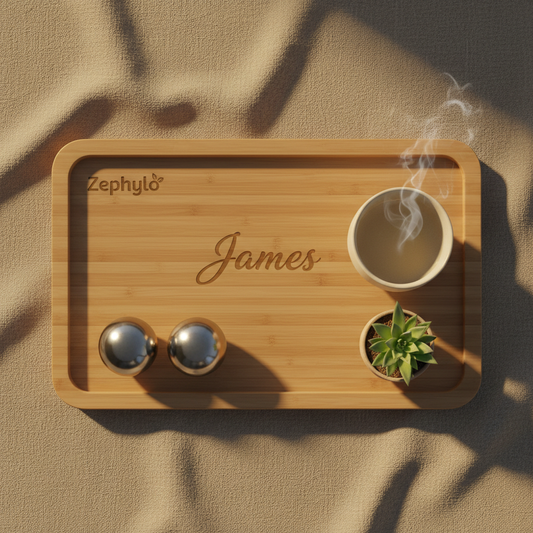 Zephylo bamboo tray flat lay with Baoding balls and tea cup engraved James