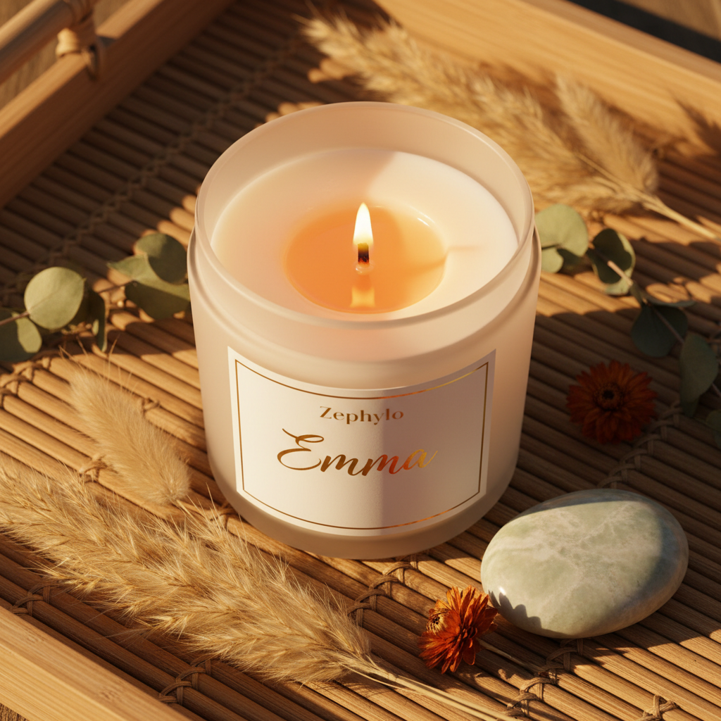Zephylo personalised candle glowing with Emma label on bamboo tray