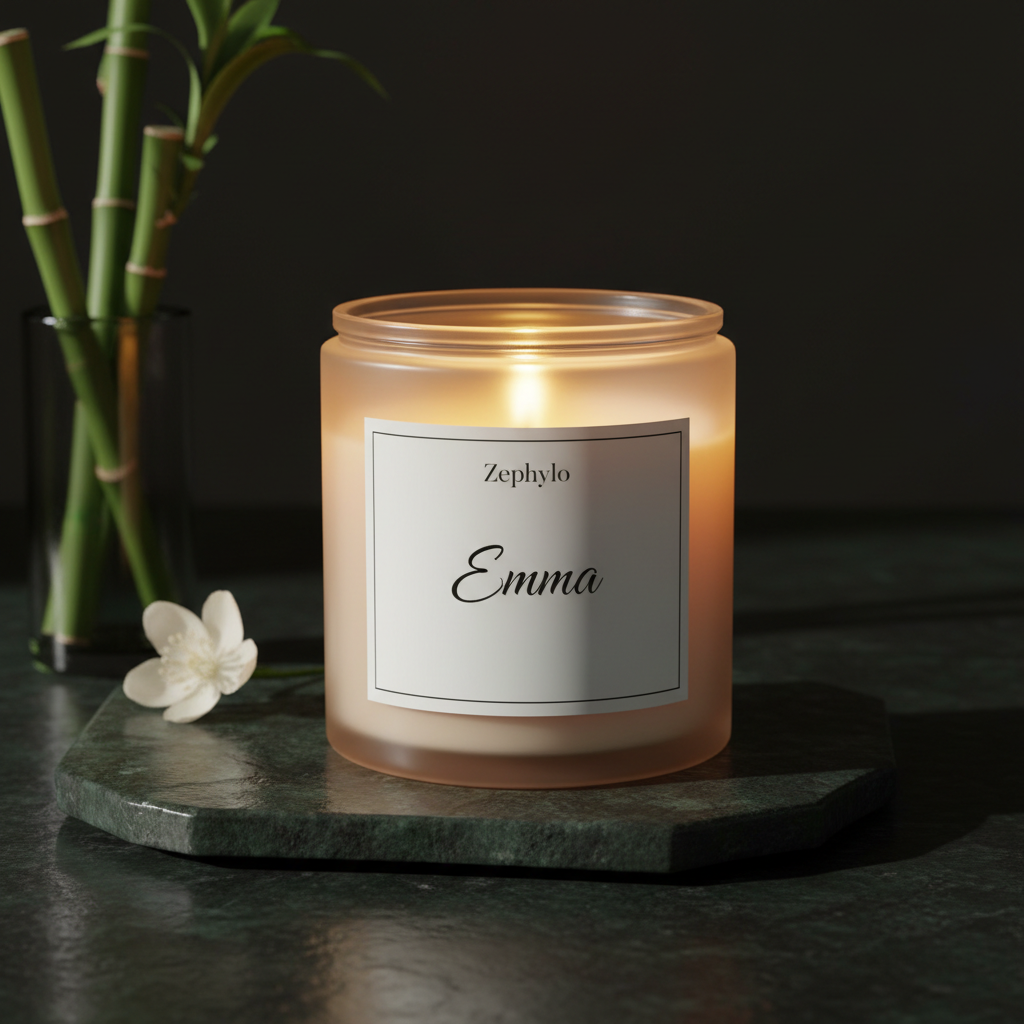 Zephylo personalised scented candle with name Emma on frosted glass jar