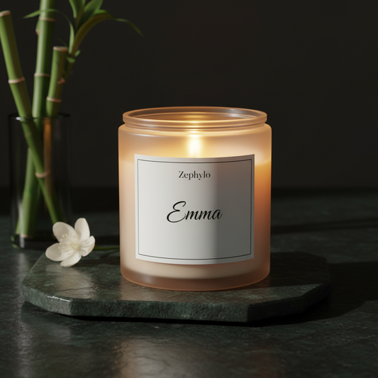 Zephylo personalised scented candle with name Emma on frosted glass jar