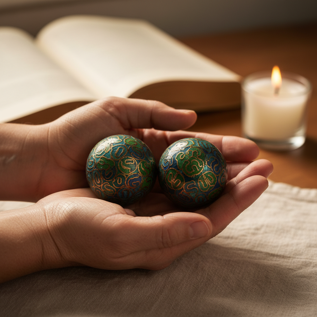 Hands holding Baoding balls with book in background