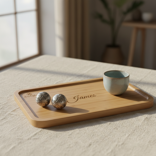 Zephylo personalised bamboo tray engraved with Zephylo brand and name James