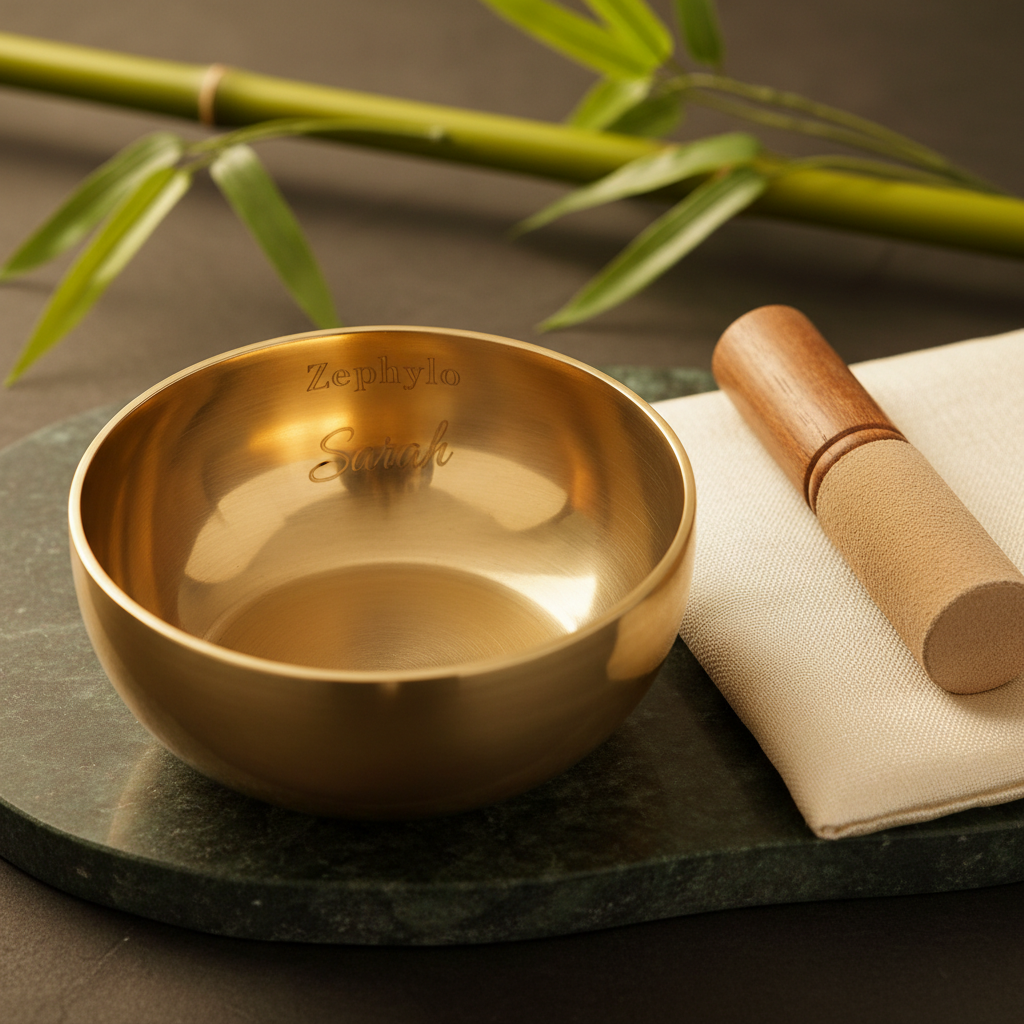 Zephylo personalised brass singing bowl engraved with Sarah top-down view